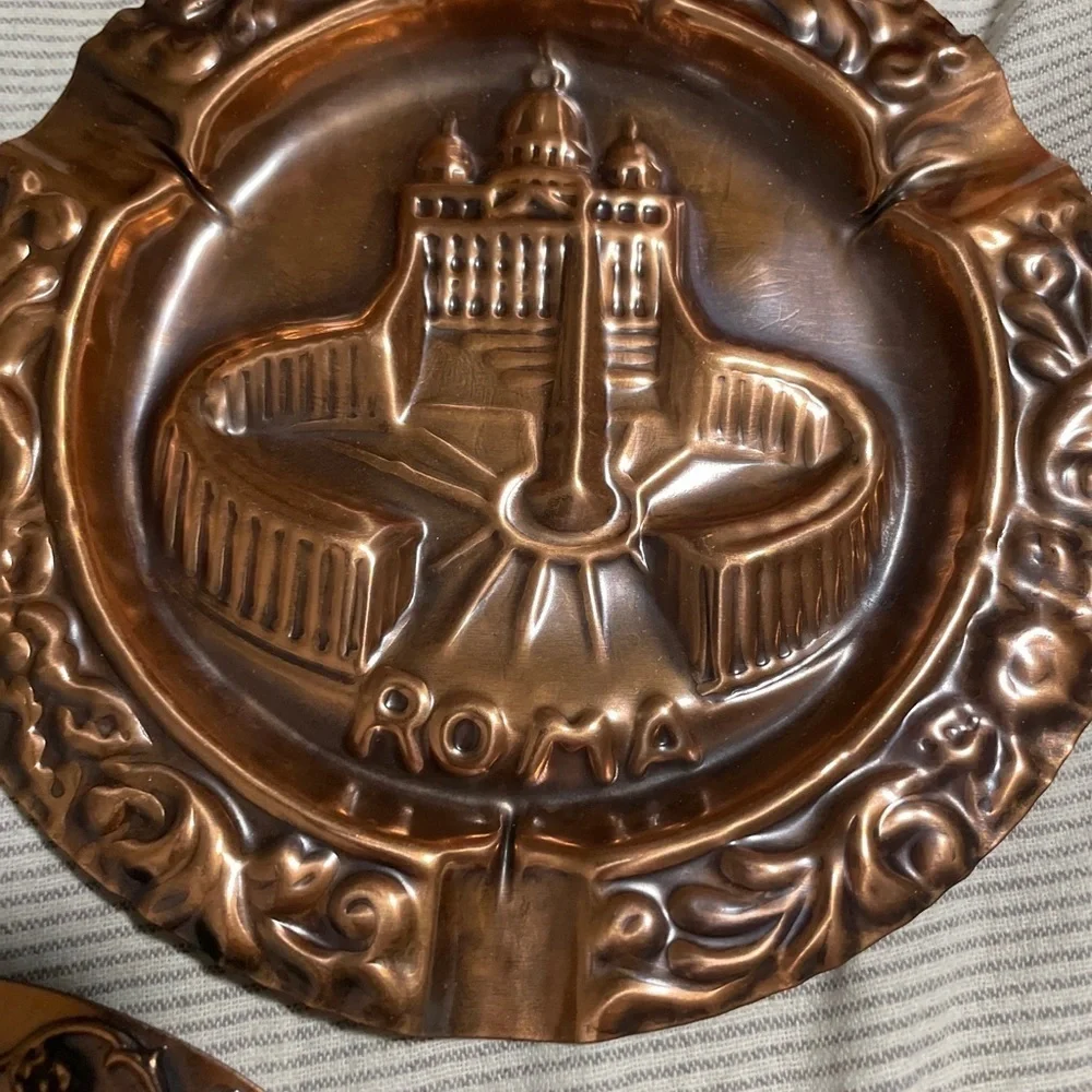 3 Souvenir Roma Vintage Embossed Copper Ashtrays